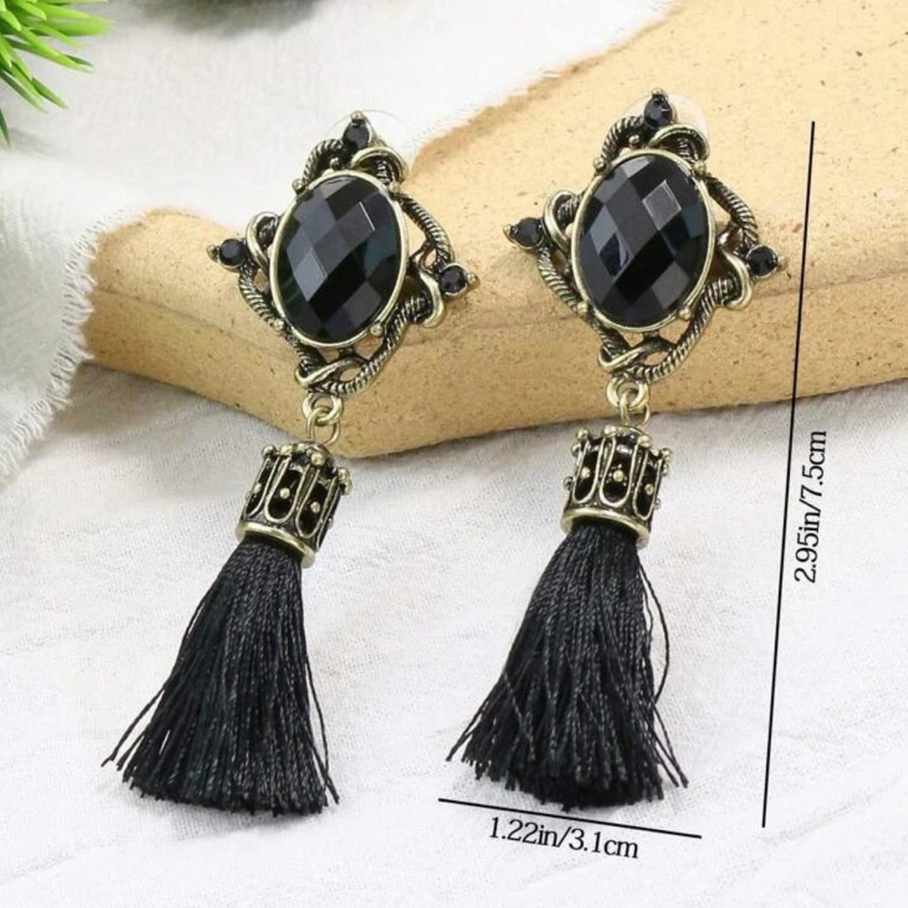 Tassel Long Fringe Drop, Black, Antique Gold Bohemian, Victorian Earrings - Picture 3 of 10